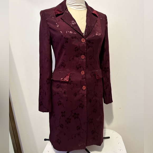 Gorgeous Dark Academia Plum Floral Jacquard Satin Boho Steampunk Coat Jacket S M - Picture 14 of 14